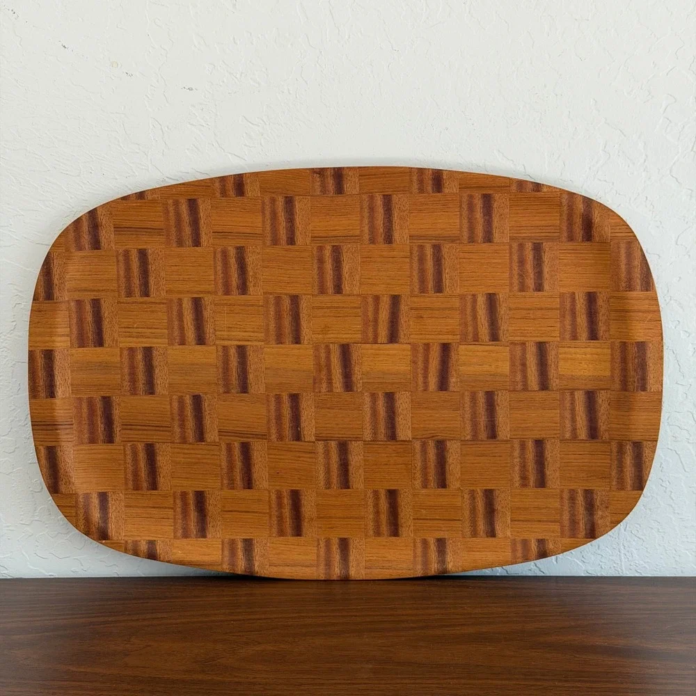 Vintage Mid-Century Woven Wood Serving Tray Checkered Viking Hand Made Japan MCM